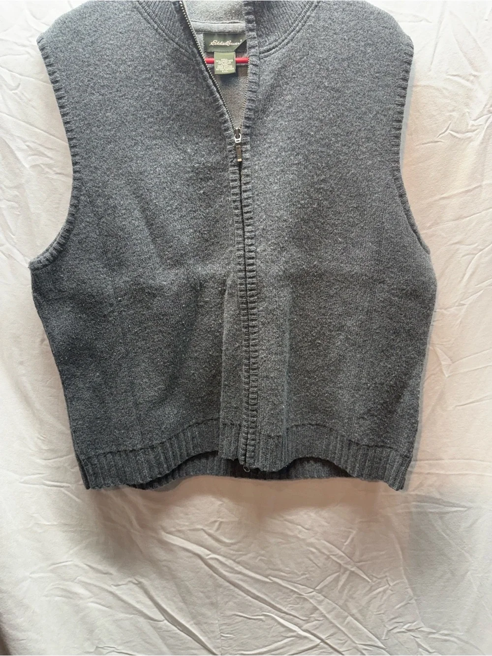Eddie Bauer Mens XXL Lambswool Sweater Vest Gray Full Zip 78% Wool Vintage Style
